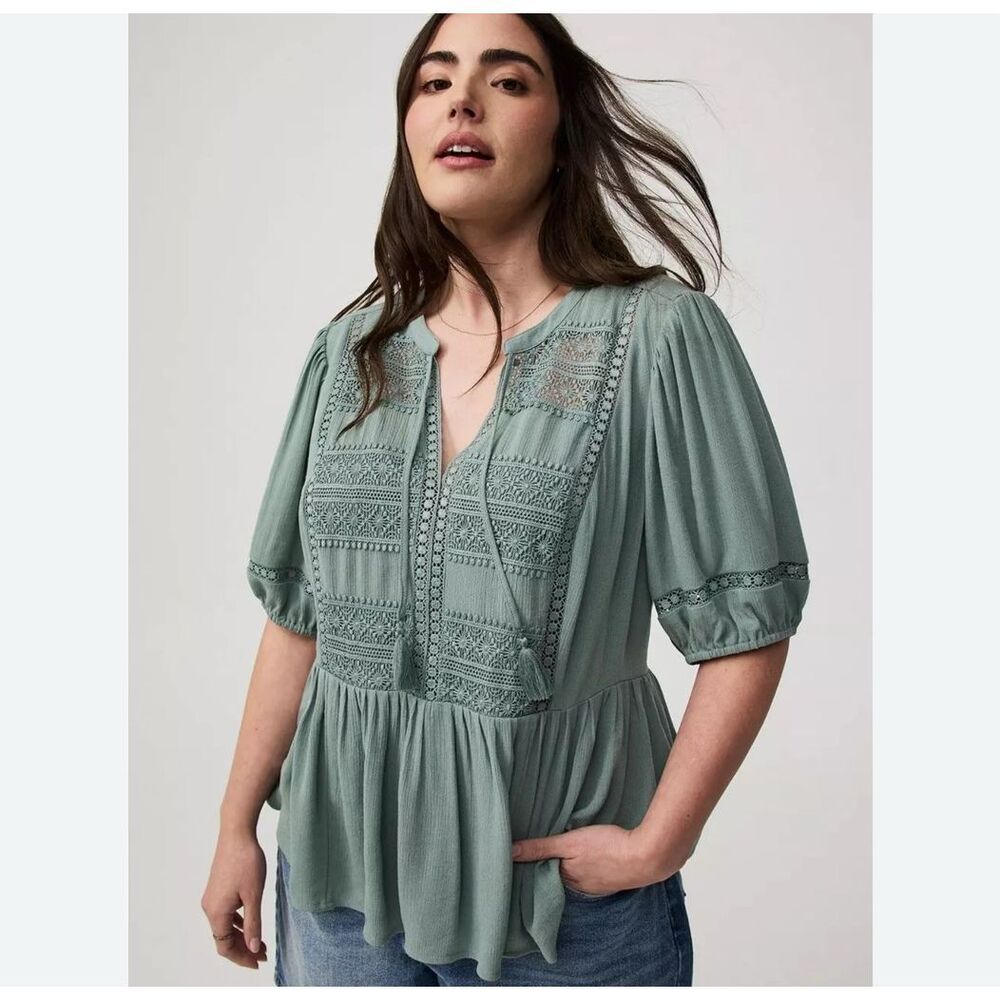 NWT Torrid Crinkle Gauze Top Chinois Green Sz 6X (30) Boho Shirt New